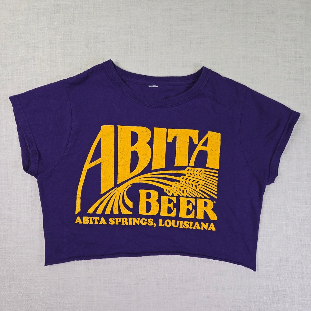 Abita Womens‎ XS T-Shirt Purple Babydoll Beer Crop Top Springs Louisiana Raw Hem